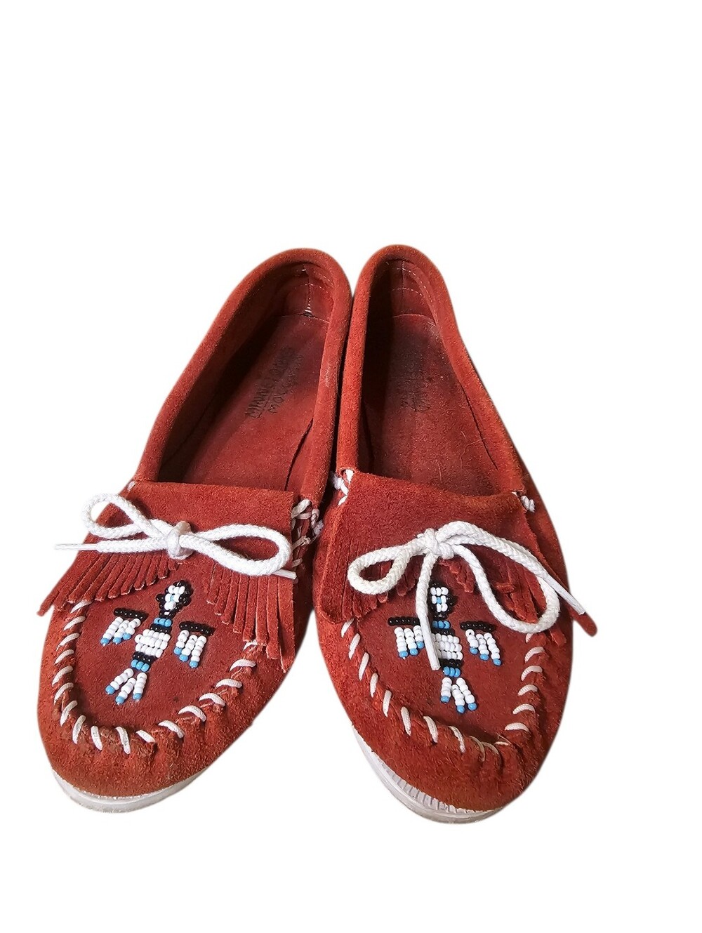 Rare Minnetonka Red Suede Beaded Moccasin Loafers with White Lacing Womens 9